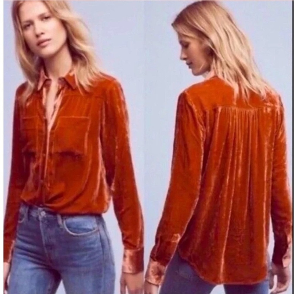 Pilcro Anthropologie Hadley Velvet Button Up Shirt M Pumpkin Orange Boho Fall‎
